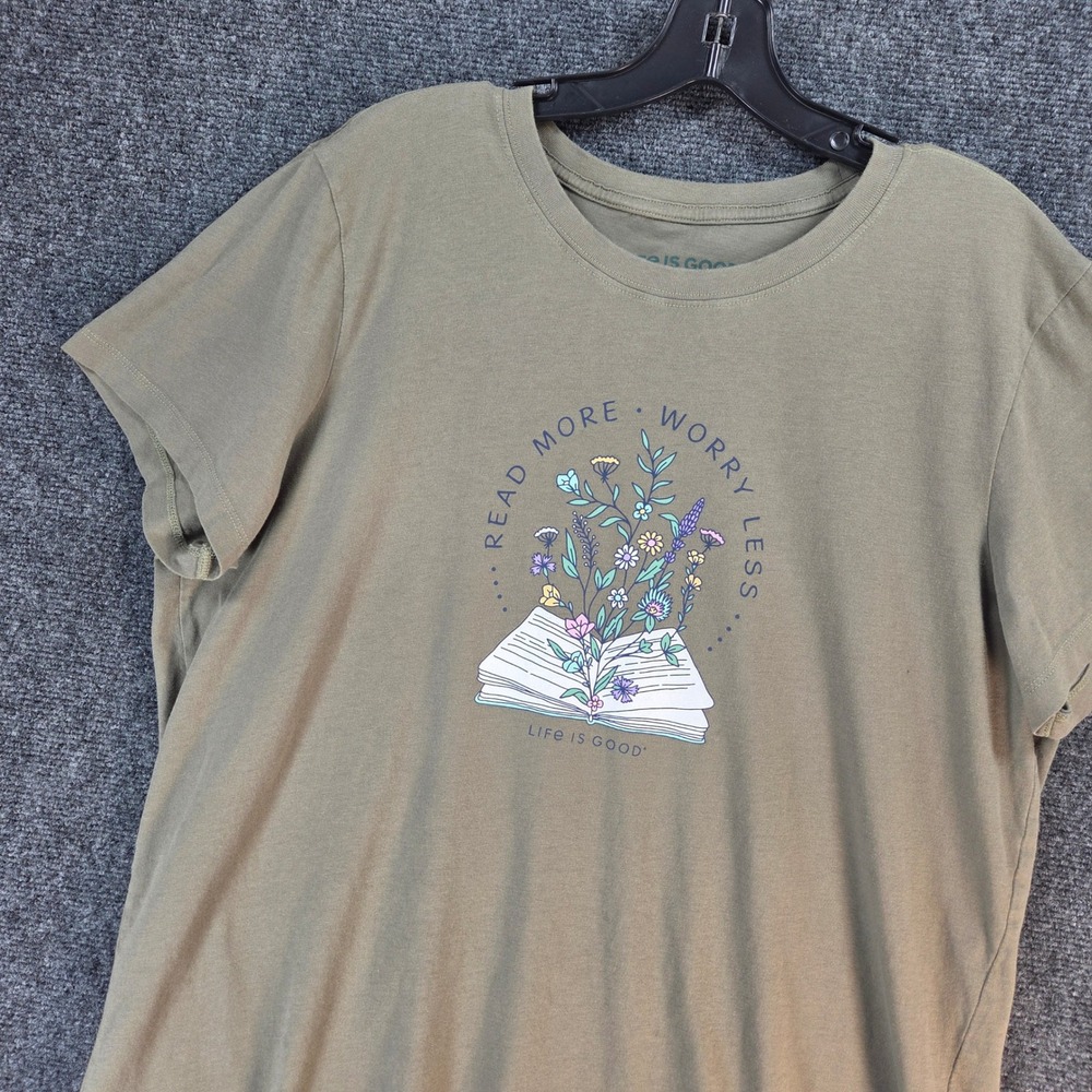 Life Is Good Read More Worry Less Graphic Tee Womens XL Olive Green Cotton - Picture 3 of 11